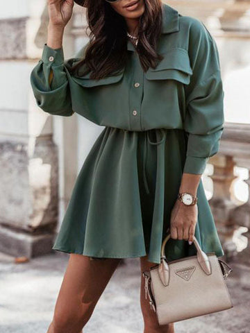 Woochic blouses robe courte boutonnage ceinture avec poches col chemise élégant de cocktail Vert S